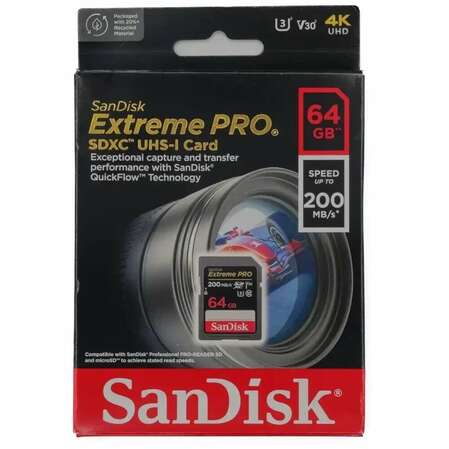 Карта памяти SecureDigital 64Gb SanDisk Extreme Pro SDXC Class 10 UHS-I U3 (SDSDXXU-064G-GN4IN)